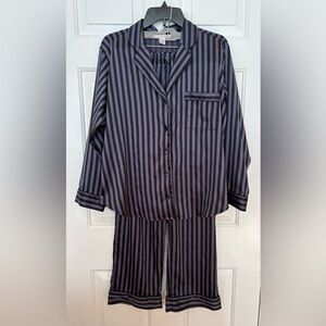 Victoria's Secret Satin Striped Pajama Set Black Gray Button-Up/Pants L Short